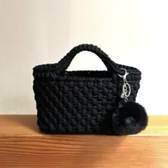 ブラック×Tシャツヤーン　ズパゲッティ マルシェバッグ　真っ黒