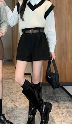 【定番人気】ショート丈パンツ　レディース　ベルト付き　秋冬　新作　ＸＬ　韓国