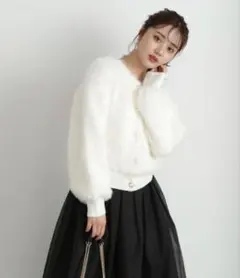 ビジュー釦ロングフェザーカーディガン　プロポーション