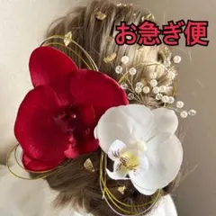 【金箔付き】胡蝶蘭髪飾り　成人式結婚式卒業式　和装前撮り振り袖袴着物　レッド紅白