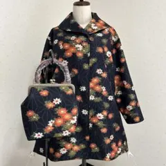 着物リメイク　正絹織り出し十日町紬ハーフコート＊バッグ