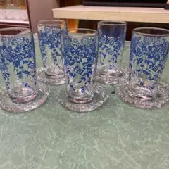 昭和レトロ　東洋硝子　青花柄　グラス　ガラスコップ　コースター　5セット　未使用