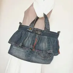 デニムリメイク　　フリルトートバッグ ハンドメイド