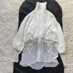 希少　ficce ハンドニット　ケーブル編みカーディガン　異素材シアー　白 男女