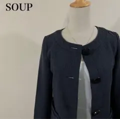 スープ 千鳥格子 ネイビー ロング丈 ノーカラージャケット ミドルコート