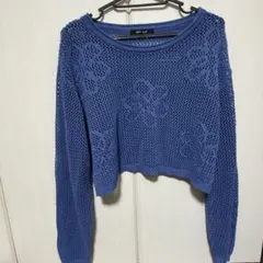 メッシュ トップス 長袖 ロンT ショート丈 青 ブルー 花柄 春服 夏服のサムネイル