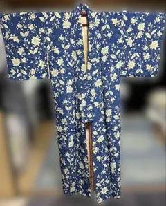 青色花柄着物　普段着用　レトロ　モダン
