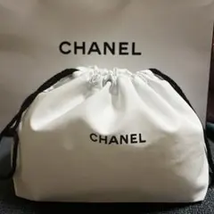 CHANEL ポーチ 巾着 マチあり 白 コットン 大