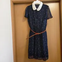 earthネイビー花柄シフォンワンピース美品