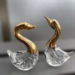 ⭐︎ガラス細工 白鳥 スワン ペア 置物 気泡入り 金彩 インテリア 2体セット