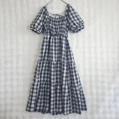 イング ワンピース チェック ロング M 半袖 ティアード 春夏 フェミニン