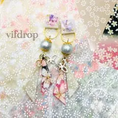 【黒桃桜 銀パール小花柄】さんかく和紙&蝶々ラベンダー柄美濃焼タイルの和風ピアス
