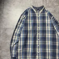 00s ラルフローレン 刺繍ロゴ　ポニー　チェック総柄　ボタンダウンシャツ