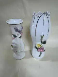 陶器 花瓶 手の形と花びらデザイン２個セット
