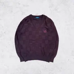 メンズ ニット L ブラウン Vネック ブロック柄 刺繍ロゴ ゆるだぼ