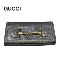 GUCCI グッチ 長財布 GGシマ ホースビット レザー グレー ヴィンテージ