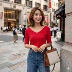 QUEENSCOURT 赤Vネック半袖ニット S コンパクト丈