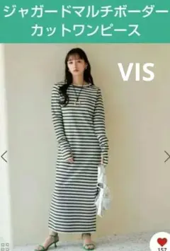 VIS 洗える☆ジャガードマルチボーダーカットワンピース ブラック フリーサイズ