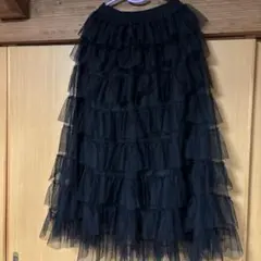 ブラック フリルチュールフレアスカート ティアードスカート