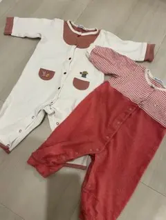 familiar 赤 ストライプ ロンパース 60-75 2点セット