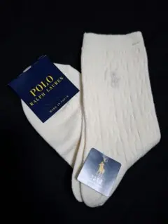 【新品未使用】ラルフローレン　オフホワイト　ソックス　ケーブル柄　白馬刺繍