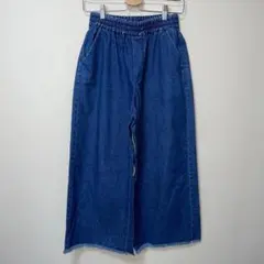 ダークブルー　デニムワイドパンツ　ゴムウエスト　フリンジ裾　カジュアル　M
