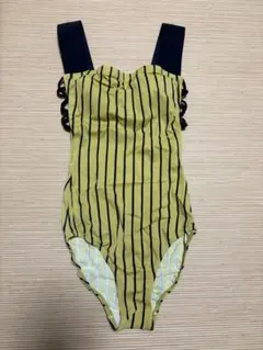 【美品】サイドレースアップ ワンピース水着 イエロー ストライプ柄 Mサイズ