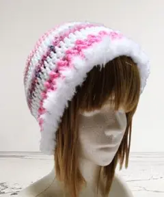ファー 白 ピンク ビーニー ニット帽 クラッシャーハット 医療用帽子にも!!