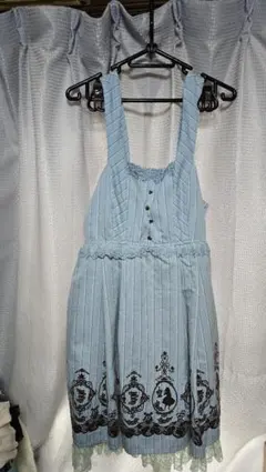 水色ストライプ刺繍ノースリーブワンピース