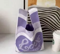 ニットミニバック ハート柄 パープル 便利 627