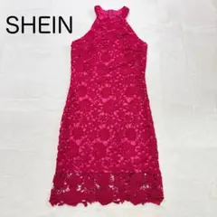 シーイン ミニワンピース 総レース ノースリーブ S ピンク ホルターネック