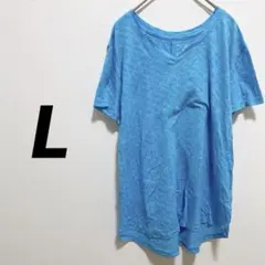 Tシャツ 【L】 レディース メンズ 半袖 Vネック ブルー ロゴプリント