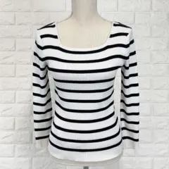 s2053ロペ【38】白×黒 ボーダー ニットプルオーバー スクエアネック