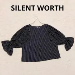 サイレントワース ストライプバルーンスリーブブラウス カジュアル フリル袖 濃紺