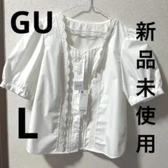 【新品】レースコンビネーションボリュームスリーブブラウス ホワイト　Lサイズ