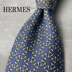 HERMES エルメス 六角形 ドット柄 チェーン ネクタイ ブルー 青