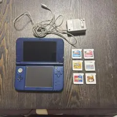 3DS LL 本体 青 充電器付き 表面剥がれ傷あり　 ソフト6本付き