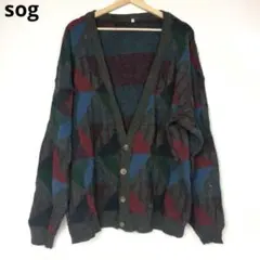 総柄ニットカーディガン L 幾何学柄 グリーン レトロ 古着