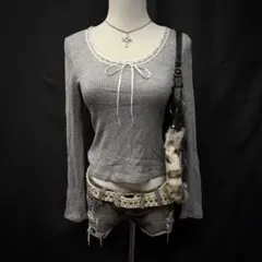 平成ギャル　y2k ダークコケット　ホラゲ　ピチT 長袖　リボン　ロンT レース