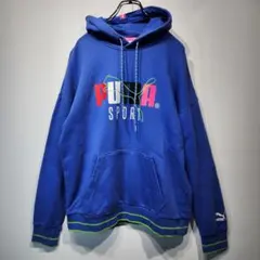 PUMA　フーディー　パーカー　M　ビッグロゴ　良デザイン　好配色　ブルー　古着