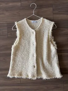 グリーンレーベルリラクシング　フリンジラメノースリーブニット　ベスト　ベージュ