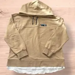 [美品]150 重ね着風 アウトドア ベージュ パーカー 男女 春秋 学校