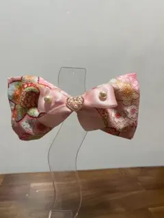 和装　花柄ピンクリボン　パールハート付きヘアアクセサリー
