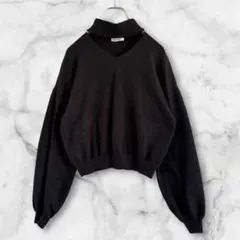 a2121【INGNI】レイヤード風 Vネック ニット 黒 ボリューム袖 M