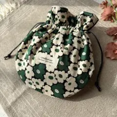 北欧柄　まんまる巾着　ハンドメイド　グリーン