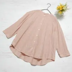 【極美品】無印良品 リネン ストライプ スタンドカラー 七分袖 ブラウス M