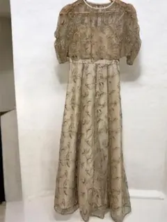 刺繍入りベージュロングドレス　結婚式