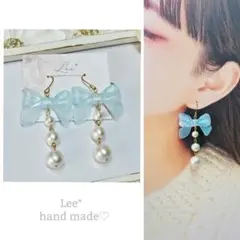 526 大ぶりリボン×コットンパール ホワイト 大人かわいいピアス
