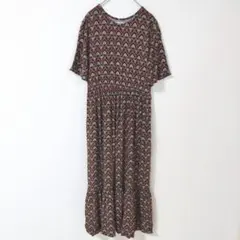 ナノユニバース 総柄 ロングワンピース 半袖 ブラウン　サラサラ 夏 レーヨン