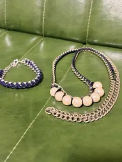 コットンパールネックレスとビジューブレスレットセット